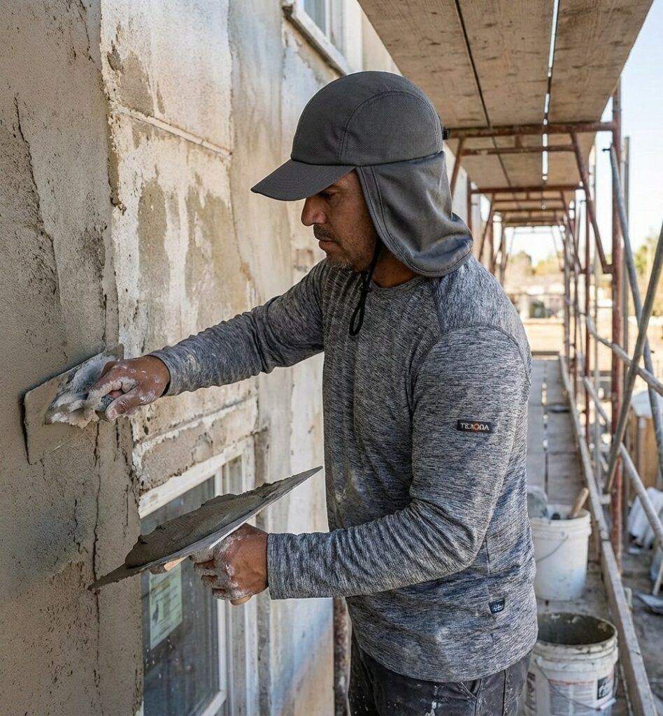 Arbeiter auf Baustelle bei Hitze mit UV-Schutzkleidung — Hitzeschutzplan Pflicht 2026
